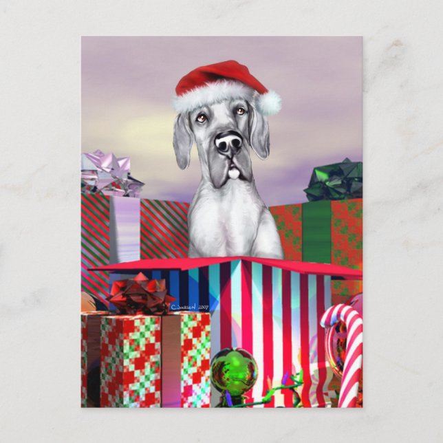 Great Dane Christmas Surprise Blue UC Holiday Postcard (Front)