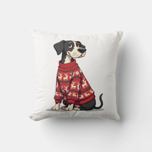 Great Dane Christmas Sweater Throw Pillow (Front)