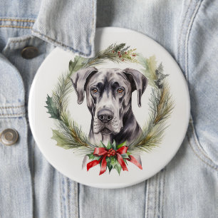 Great Dane Christmas Wreath Festive Pup  6 Inch Round Button