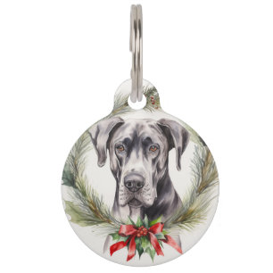 Great Dane Christmas Wreath Festive Pup  Pet Tag