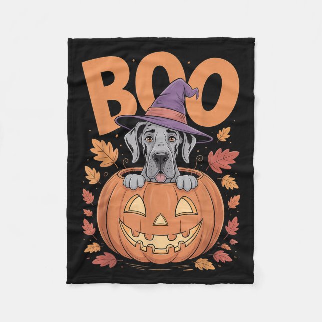 Great Dane Costume On Pumpkin Halloween Great Dane Fleece Blanket (Front)