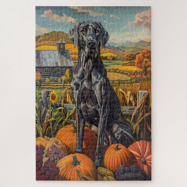 Great Dane Dog Autumn Harvest Thanksgiving Jigsaw Puzzle (Vertical)