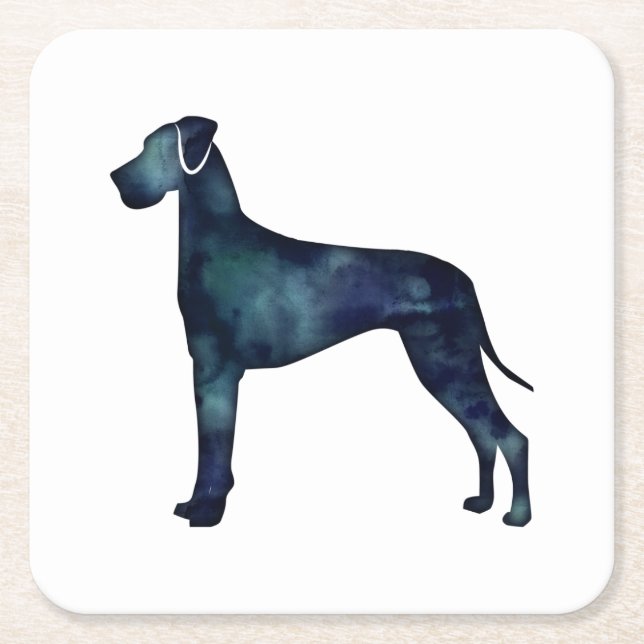 Great Dane  Dog Black Watercolor Silhouette Square Paper Coaster (Front)