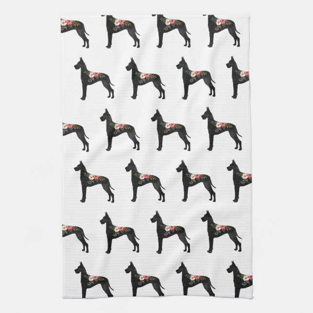 Great Dane Dog Breed Boho Floral Silhouette C Kitchen Towel (Vertical)