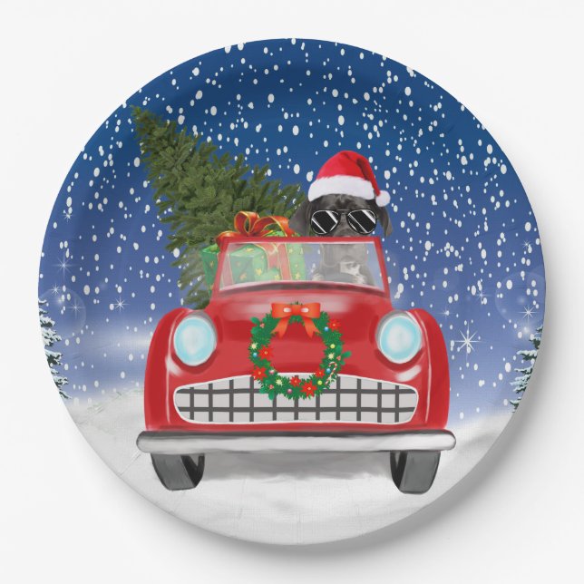 Great Dane Dog Driving Car In Snow Christmas   Paper Plate (Front)