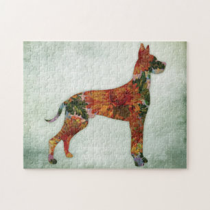 Great Dane Dog Floral On Green Jigsaw Puzzle