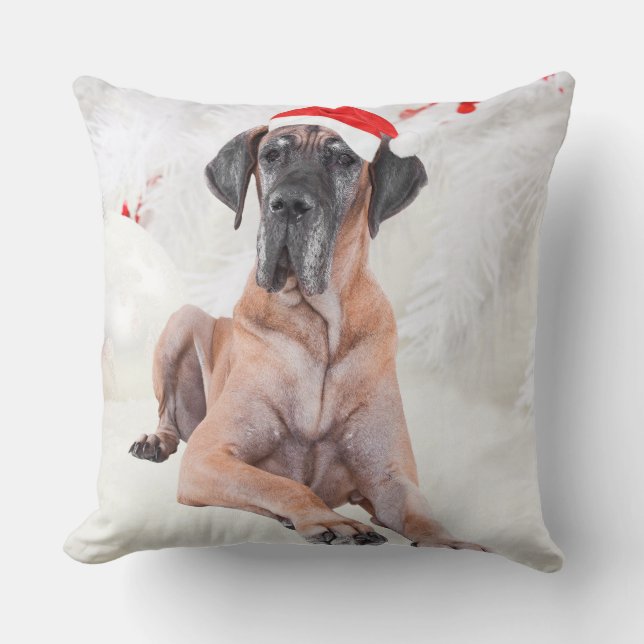 Great Dane Dog Hat Merry Christmas Throw Pillow (Front)