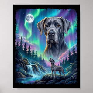 Great dane dog howling northern lights aurora moon poster