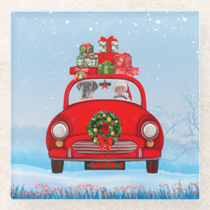 Great Dane Dog In Car With Santa Claus Glass Coaster