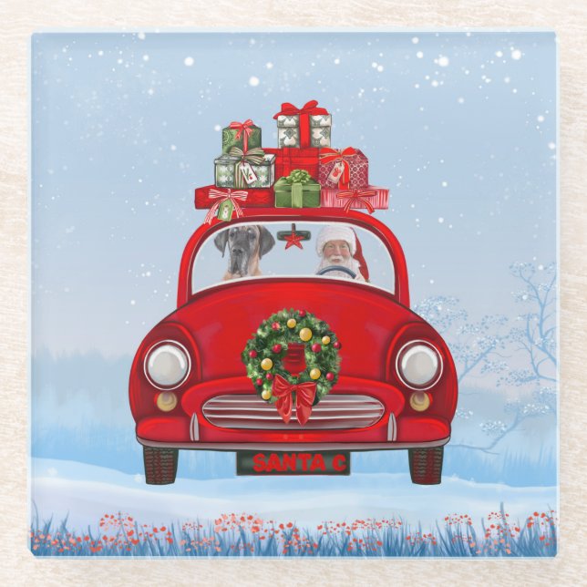 Great Dane Dog In Car With Santa Claus  Glass Coaster (Front)
