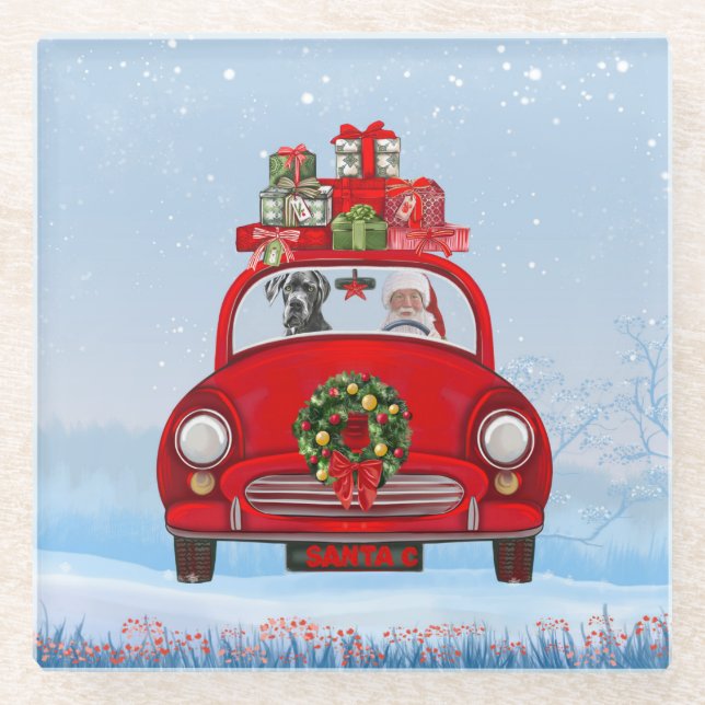 Great Dane Dog In Car With Santa Claus Glass Coaster (Front)