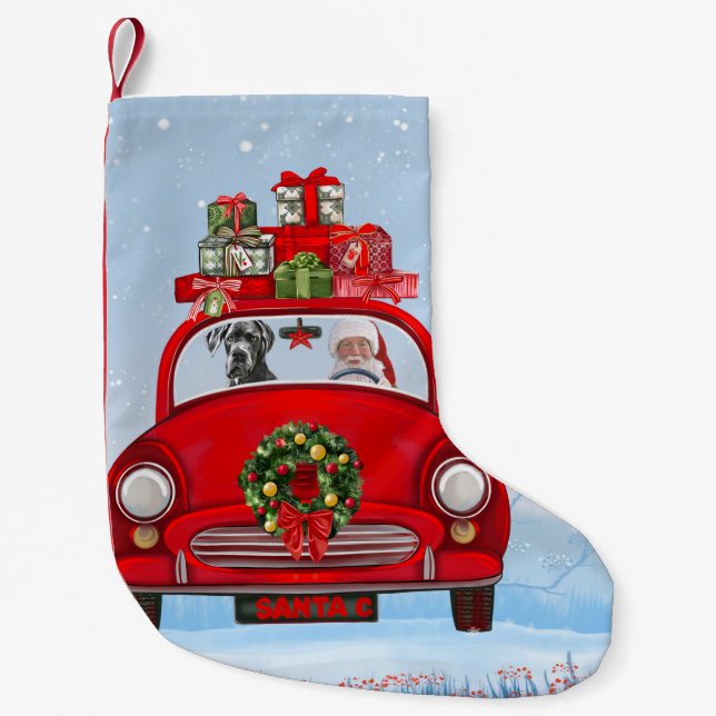 Great Dane Dog In Car With Santa Claus Small Christmas Stocking (Front)