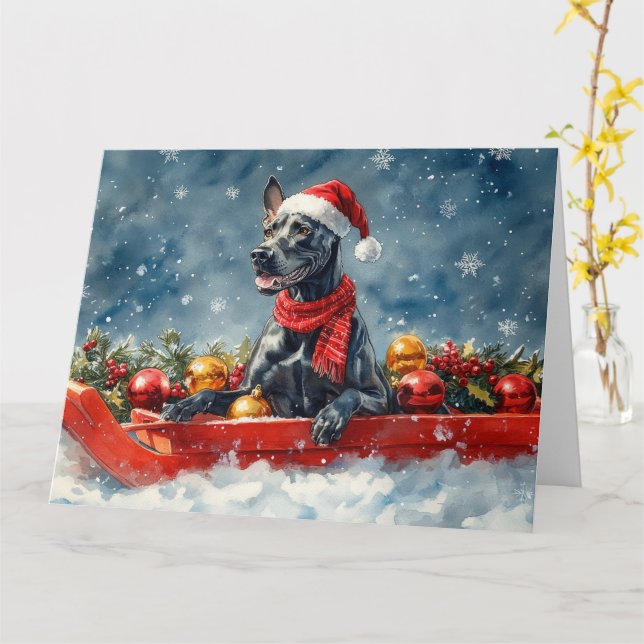 Great Dane Dog in Sledge Let it Snow Christmas Card (Yellow Flower)