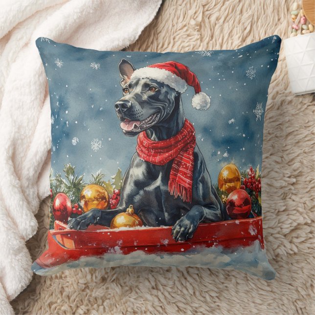 Great Dane Dog in Sledge Let it Snow Christmas Throw Pillow (Blanket)