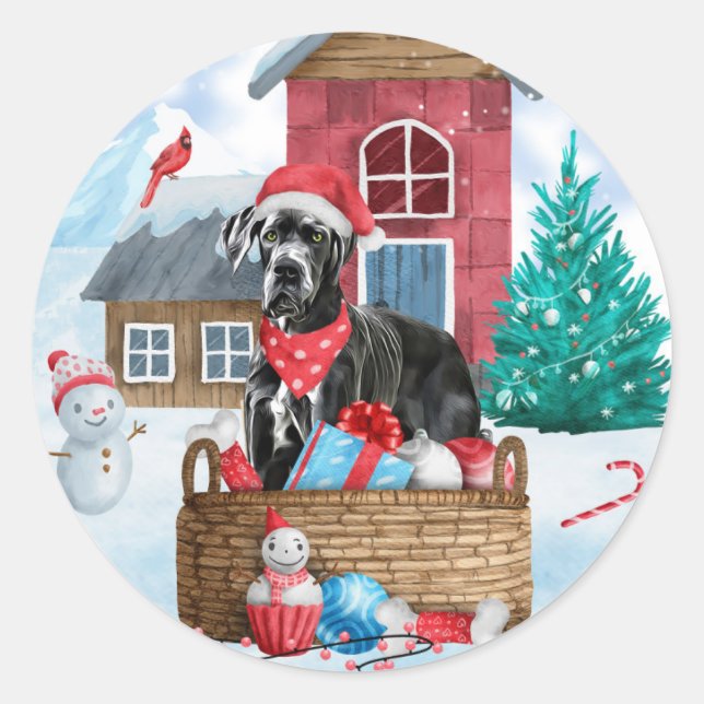 Great Dane Dog In snow Christmas Dog House Classic Round Sticker (Front)