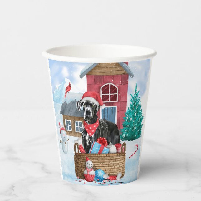 Great Dane Dog In snow Christmas Dog House Paper Cups (Front)