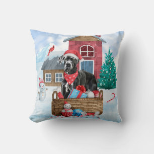 Great Dane Dog In snow Christmas Dog House Throw Pillow
