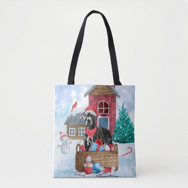 Great Dane Dog In snow Christmas Dog House Tote Bag (Front)