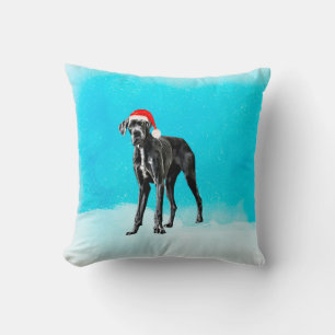 Great Dane Dog On Beach Christmas Hat Throw Pillow