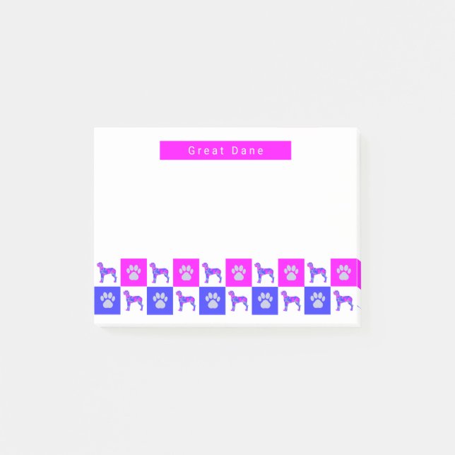Great Dane Dog & Paw Hot Pink & Blue Post-it Notes (Front)