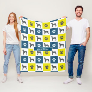 Great Dane Dog & Paw Print Yellow Grid Silhouette Fleece Blanket