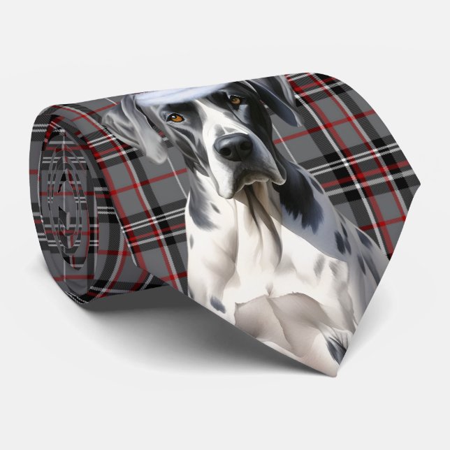 Great Dane Dog Red and Grey Plaid Christmas Tie (Rolled)