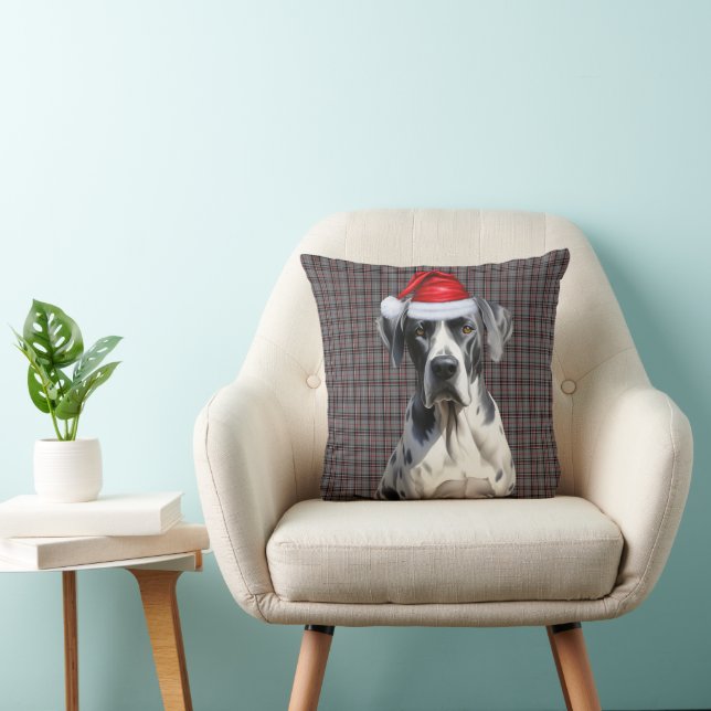 Great Dane Dog Seasonal Plaid Christmas Holiday Throw Pillow (Chair)