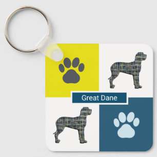 Great Dane Dog Silhouette & Paw Print Y&B Grid Keychain