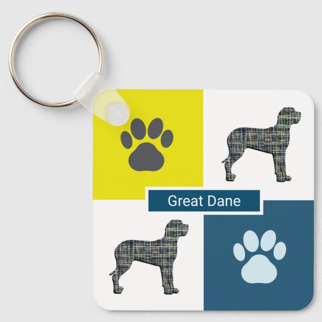 Great Dane Dog Silhouette & Paw Print Y&B Grid Keychain (Front)