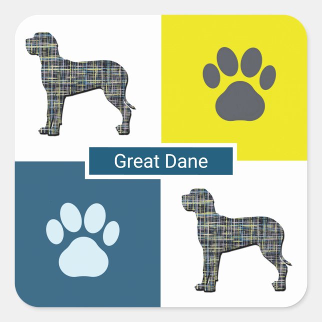 Great Dane Dog Silhouette & Paw Print Y&B Grid Square Sticker (Front)
