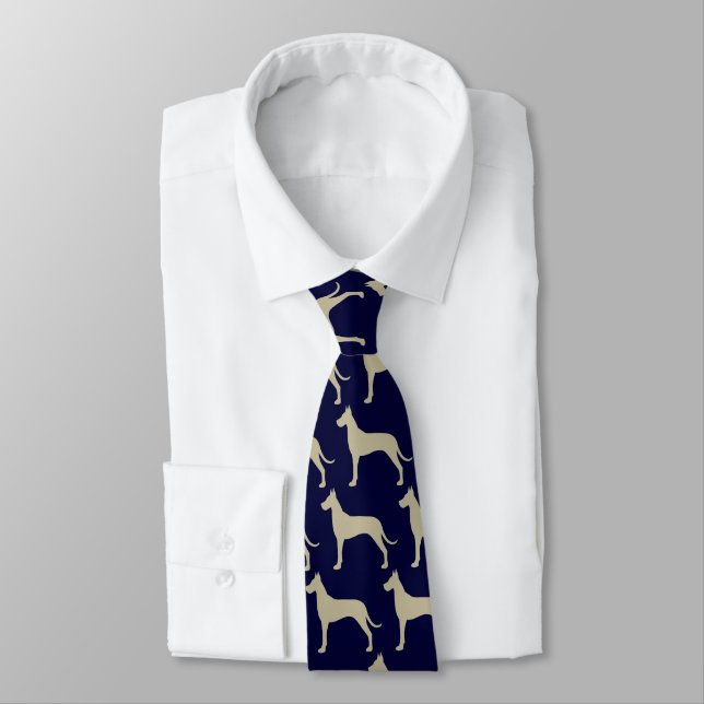 Great Dane Dog Silhouettes Pattern Blue and Tan Tie (Tied)