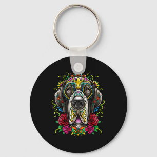 Great Dane Dog Tattoo Day Of The Dead Floral Mexic Keychain