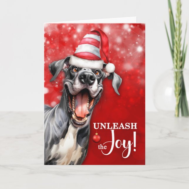 Great Dane Dog Unleash the Joy Christmas Holiday Card (Front)