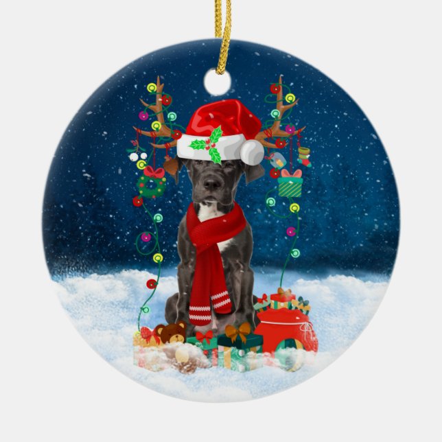 Great Dane dog with Christmas gifts  Ceramic Ornament (Front)
