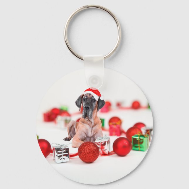 Great Dane Dog with Christmas Ornaments Gifts Keychain (Front)