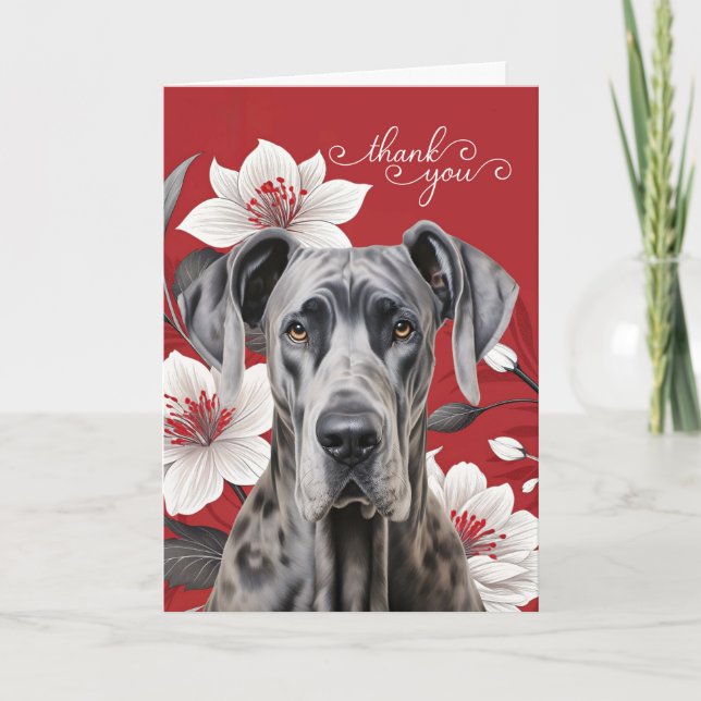 Great Dane Dog with White Lilies on Red Thank You Card (Front)