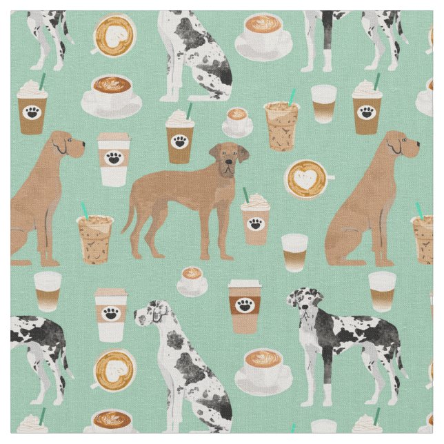 Great Dane dogs coffee lover mint Fabric (Close Up)