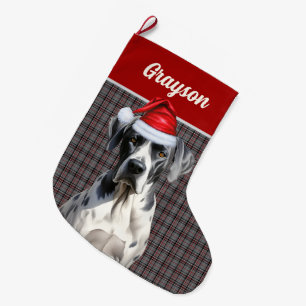 Great Dane Dog's Name Gray Red Plaid Personalized Large Christmas Stocking