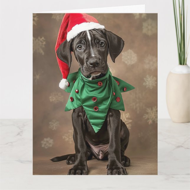 Great Dane Elf Puppy Christmas Card  (Front)