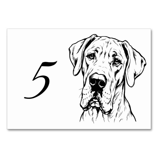 Great Dane Face View black and white Table Number (Front)