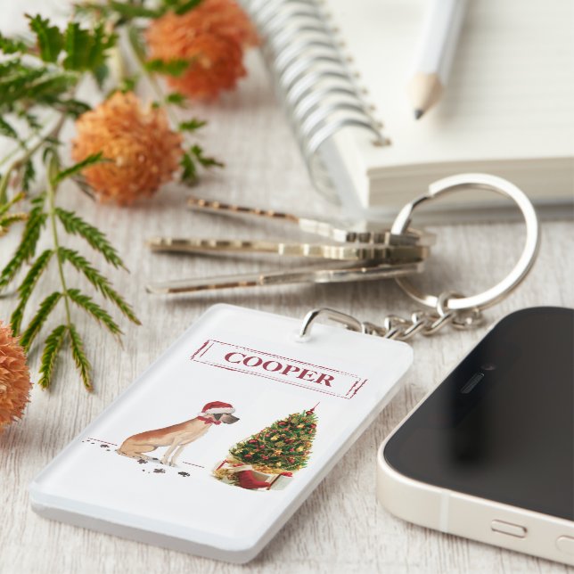 Great Dane Funny Christmas Dog with Tree Keychain (Front Right)