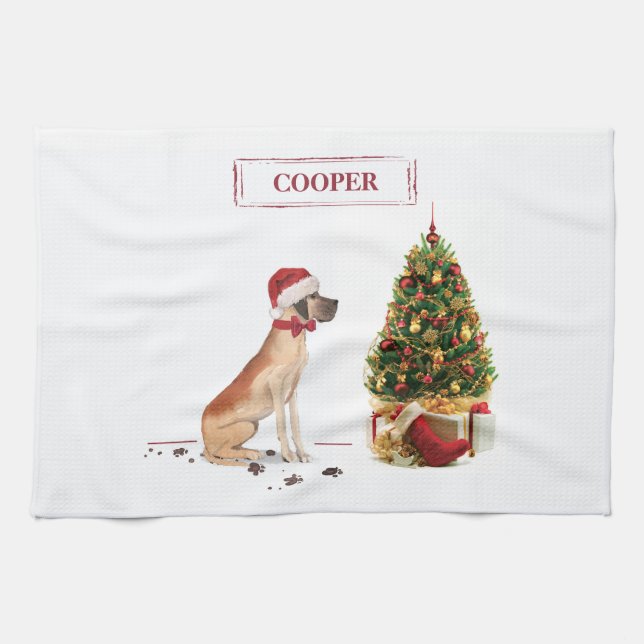 Great Dane Funny Christmas Dog with Tree Kitchen Towel (Horizontal)