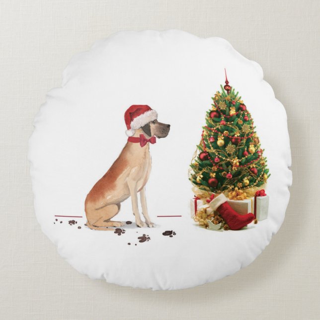 Great Dane Funny Christmas Dog with Tree Round Pillow (Front)
