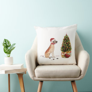 Great Dane Funny Christmas Dog with Tree Throw Pillow