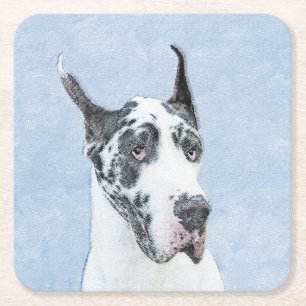 Great Dane (Harlequin) Painting - Original Dog Art Square Paper Coaster