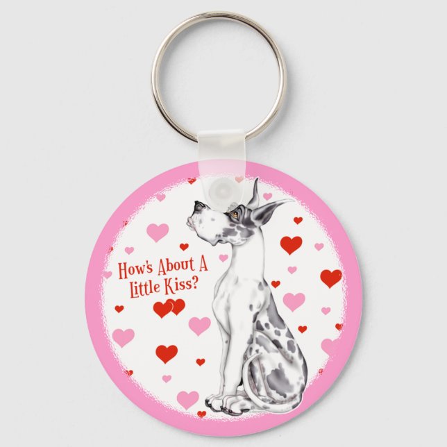Great Dane Harlequin Valentine's Day Kiss Keychain (Front)
