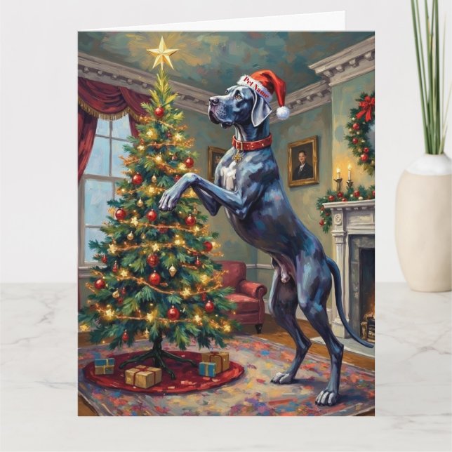 Great Dane Helping Decorate Christmas Star Hat Card (Front)