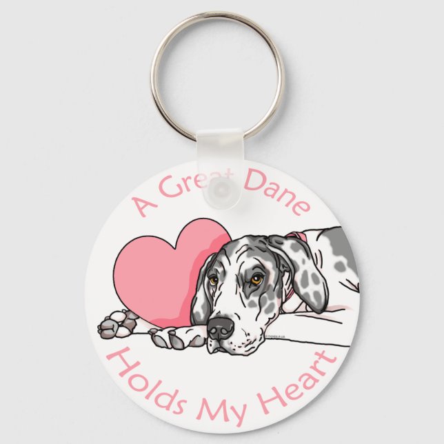 Great Dane Holds Heart Harlequin UC Keychain (Front)