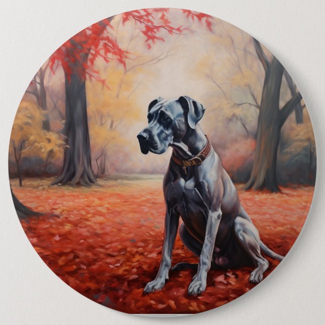 Great Dane in Autumn Leaves Fall Inspire  6 Inch Round Button (Front)
