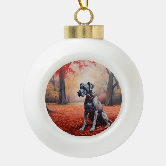 Great Dane in Autumn Leaves Fall Inspire  Ceramic Ball Christmas Ornament (Front)